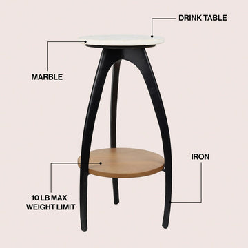 Ollie 24.5" Designer Farmhouse Metal Tripod Drink Table and Decorative End Table with White Marble Round Top and Wood Undershelf